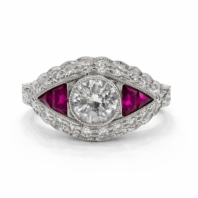Art-deco style diamond and ruby ring in 18ct white gold from Bicks of Montpellier
