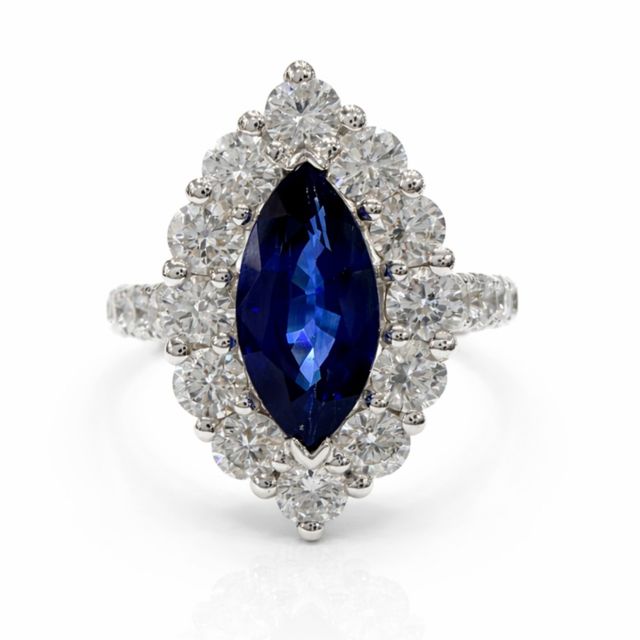 Marquise sapphire and diamond ring in 18ct white gold, Bicks of Montpellier workshop