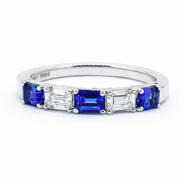 18ct white-gold emerald-cut sapphire and diamond eternity-style ring, made at the Bicks bench